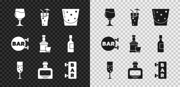 Set Weinglas, Cocktail, Glas Rum, Champagner, Whiskeyflasche, Straßenschild mit Bar und Symbol. Vektor — Stockvektor