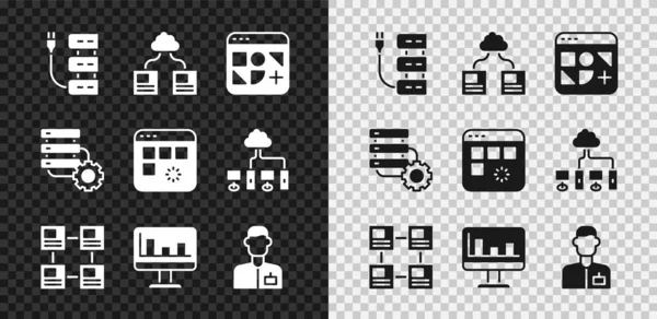 Serwer ustawień, transfer danych w chmurze, różne pliki, schemat hierarchii organogramów, monitor z wykresem, inżynier analityk, ikona przekładni i załadunku okna. Wektor — Wektor stockowy
