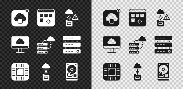 Imposta trasferimento dati della tecnologia Cloud, finestra di caricamento, processore con CPU, disco rigido HDD e icona di connessione cloud di rete. Vettore — Vettoriale Stock