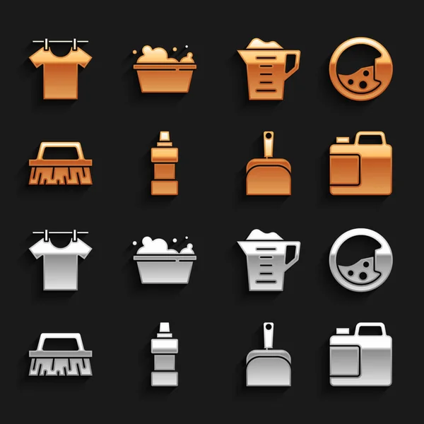 Set Botella para limpiador, Lavadora, Dustpan, Cepillo, Lavado en polvo, Secado de ropa y Lavabo con jabón suds icono. Vector — Archivo Imágenes Vectoriales