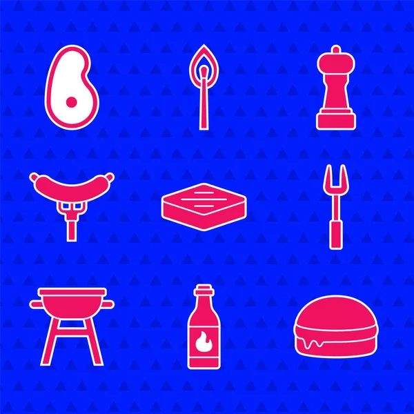 Set Steak meat, Tabasco sauce, Burger, Barbecue fork, grill, Sausage on the, Pepper and icon. Vector — Stock Vector