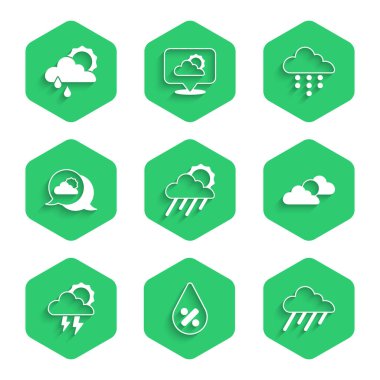 Bulut 'u yağmur ve güneşe, su damlası yüzdesine, güneş bulutu havasına, fırtınaya, konuma ve ikona ayarla. Vektör