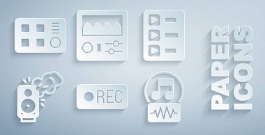 Kayıt düğmesi, müzik listesi, müzik hoparlörü, nota, ton, davul makinesi ve simge ayarla. Vektör