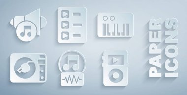 Müzik notası, tonu, sentezleyicisi, vinil diski, çalma listesi ve Hoparlör hacmi simgesi olan vinil oynatıcı ayarla. Vektör