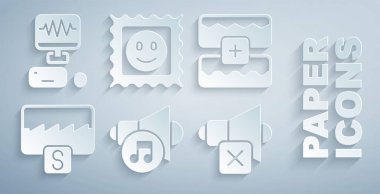 Hoparlör sesi, müzik dalgası dengeleyicisi, sessiz, LSD asit izi ve kayıt stüdyo simgesi. Vektör