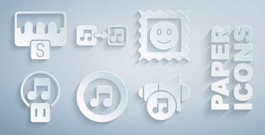 Müzik notasını, tonunu, LSD asit izini, durdurma düğmesini, hoparlör sesini ve dalga eşitleyici simgesini ayarla. Vektör