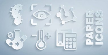 Termometreyi, kimyasal formülü, ilaç hapını, hesap makinesini, göz taramasını ve virüs simgesini ayarla. Vektör