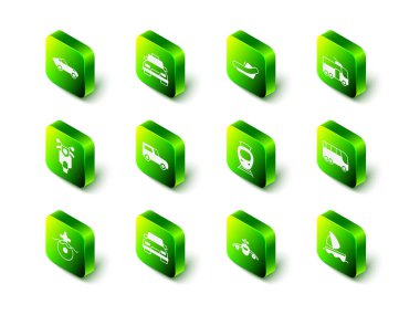 Taksi arabası, Rafting teknesi, Trolleybus, Otobüs, Yat yelkenlisi, tramvay ve demiryolu, Uçak ve Araba ikonu. Vektör