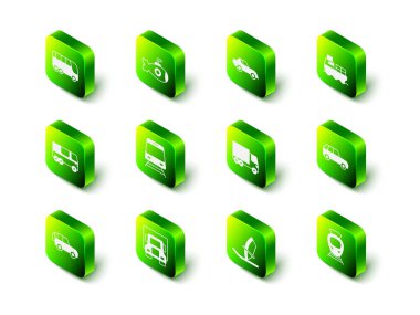 Denizaltı, araba, kargo gemisi, kutu teslimatı, tramvay ve demiryolu, kargo kamyonu, rüzgar sörfü ve ikon. Vektör