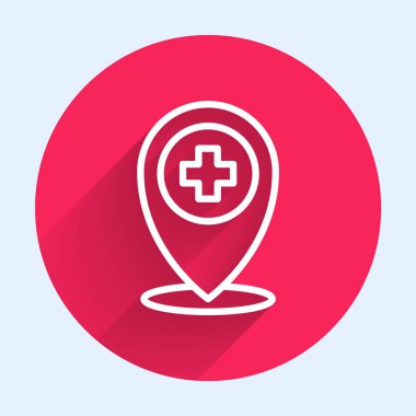 Hastane simgesi olan beyaz çizgi tıbbi harita işaretçisi uzun gölgeli izole edilmiş. Kırmızı daire düğmesi. Vektör