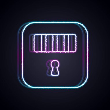 Siyah arka planda ızgara pencere ikonu olan parlak neon çizgili hapishane hücresi kapısı. Vektör