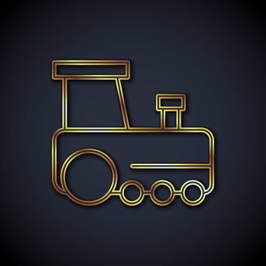 Altın çizgili oyuncak tren ikonu siyah arka planda izole edildi. Vektör