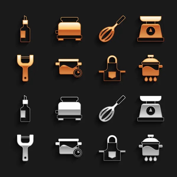 Set Kochtopf, Waage, Küchenschürze, Gemüseschäler, Schneebesen, Flasche Olivenöl und Toaster-Symbol. Vektor — Stockvektor