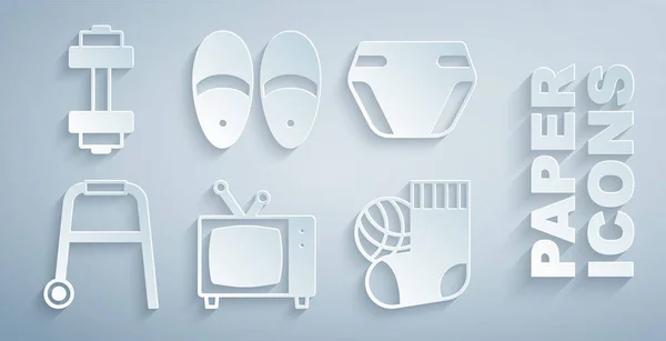 Set Retro tv, Adult diaper, Walker, Socks, Slippers and Dumbbell icon. Вектор — стоковый вектор