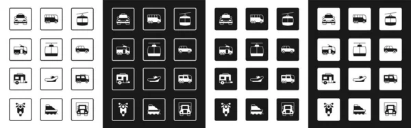 Set Seilbahn, Obus, Taxi, Auto, Bus und Wohnmobil Camping Anhänger Symbol. Vektor — Stockvektor
