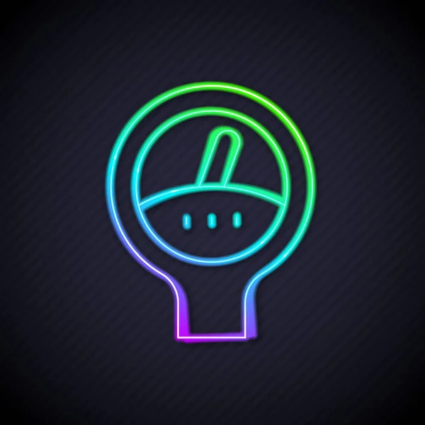Świecąca neonowa ikona skali Gauge odizolowana na czarnym tle. Satysfakcja, temperatura, manometr, ryzyko, ocena, wydajność, tachometr prędkości. Wektor — Wektor stockowy