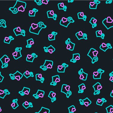 Köpek ikonlu Line Heart siyah arka planda izole edilmiş kusursuz desen. Yüreğindeki evcil hayvan pençesi. Hayvanlara sevgiler. Vektör