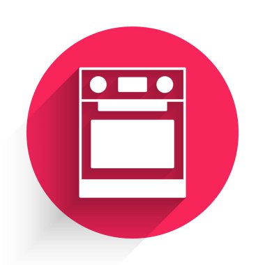 Uzun gölgeli beyaz fırın simgesi. Fırın tabelası. Kırmızı daire düğmesi. Vektör.