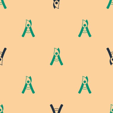 Bej arka planda izole edilmiş ikonu budamak için yeşil ve siyah bahçe makası. Ahşap saplı budama makası. Vektör.