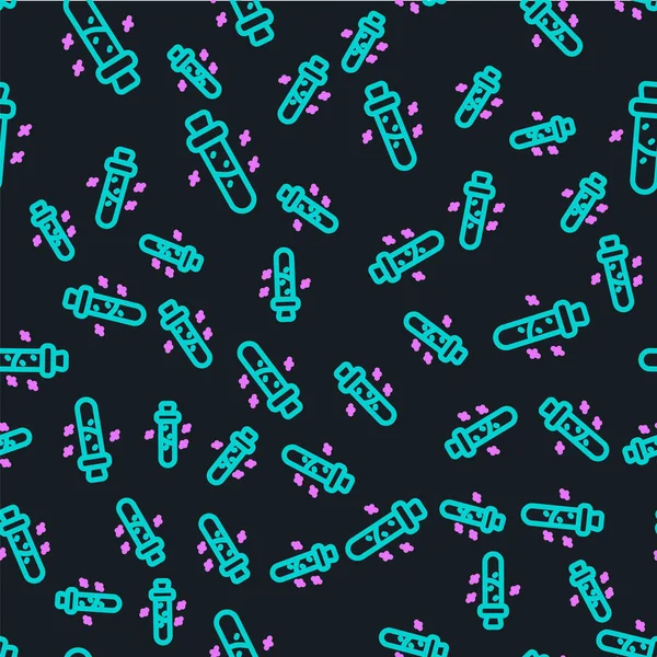 Siyah zemin üzerinde iksir ikonu olan çizgi şişesi izole edilmiş pürüzsüz desen. Sihirli iksirli matara. Vektör