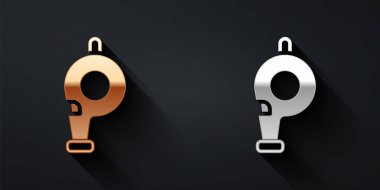 Altın ve gümüş Whistle simgesi siyah arkaplanda izole edilmiş. Hakem sembolü. Spor ve spor burcu. Uzun gölge tarzı. Vektör.