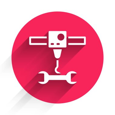 Uzun gölgeli beyaz 3D yazıcı anahtarı anahtarı simgesi izole edildi. 3D baskı. Kırmızı daire düğmesi. Vektör.