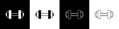 Dumbbell simgesini siyah beyaz arkaplanda izole et. Kas kaldırma, fitness halteri, spor malzemeleri. Vektör