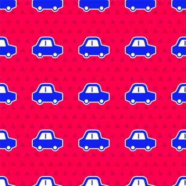 Mavi oyuncak araba simgesi kırmızı arka planda izole edilmiş. Vektör