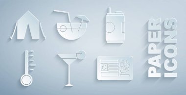 Martini bardağı, soda kutusu, Meteoroloji termometresi vize damgalı pasaport, hindistan cevizi kokteyli ve turist çadırı ikonu. Vektör
