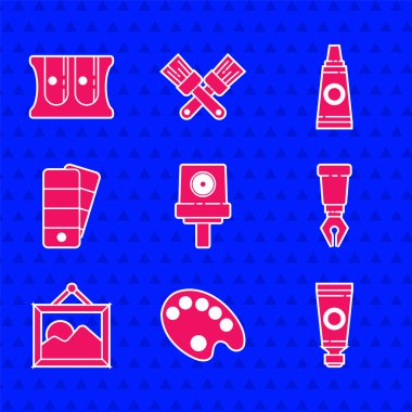 Sprey sprey kapağı, palet, paletli tüp, dolma kalem ucu, resim manzarası ve kalem açacağı simgesini ayarlayın. Vektör