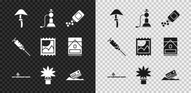 Psilocybin mantarı, nargile, ilaç şişesi ve haplar, afyon piposu, esrar veya esrar bitkisi otu, kokain kredi kartı, şırınga ve LSD asit izi ikonu. Vektör