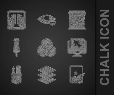 RGB ve CMYK renk karıştırma, Katmanlar, Grafik tableti, Bilgisayar monitörü imleci, çapraz cetvel kalem, İşaretleyici, Boya kovası ve Metin simgesini ayarla. Vektör