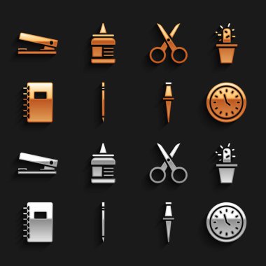 Silgi, kaktüs ve sulu ot, saat, raptiye, spiral defter, makas, ofis zımbası ve yapıştırıcı ile doldur. Vektör