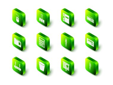 Klasörü, ofis klasörlerini, klavyeyi, kartviziti, tükenmez kalemi, pin 'i, diyagramı ve çöp kutusu simgesini içeren karton tahtayı ayarlayın. Vektör