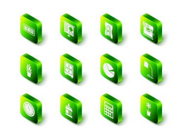 Kireç tahtasını diyagram, kalem açacağı, kahve makinesi, masa lambası, saksı, pasta grafiği bilgisi, hesap makinesi ve yapıştırıcı ikonu ile ayarla. Vektör