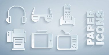 Grafik tablet, telefon, yazıcı, Retro TV, Akıllı gözlükler ve Kulaklık simgesi ayarla. Vektör