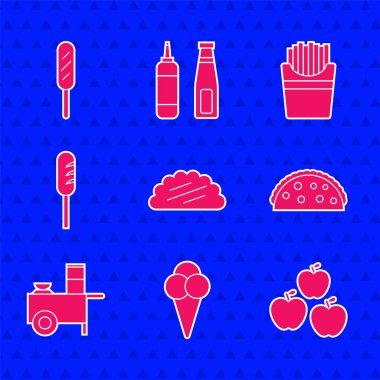 Tortilla ile Taco, waffle külahında dondurma, Apple, Fast Street yemek arabası, kızarmış sosis, patates kızartması kutusu ve mısır sosisi ikonu. Vektör