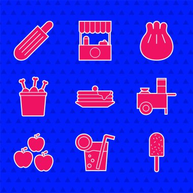Krepler yığını, Kokteyl, Dondurma, Fast Street yemek arabası, Apple, Tavuk budu paket kutusunda, Khinkali kesim tahtasında ve Fransız sosisli ikonu. Vektör