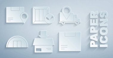 Karton karton kutu, teslimat takibi, Depo, tahta, işaretli ve konum simgesiyle ayarlayın. Vektör