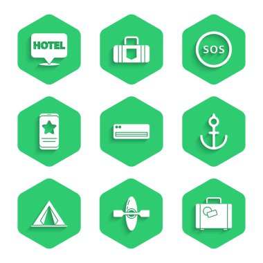Klima, kano, valiz, dayanak noktası, turizm çadırı, inceleme dereceli mobil, SOS konumu ve otel simgesi ayarlayın. Vektör