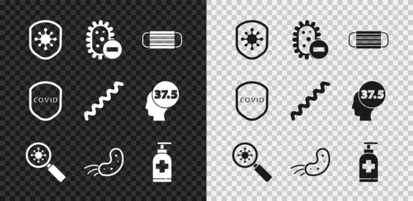 Set Schutzschild Vor Virus Negativ Medizinische Schutzmaske Virus Unter Lupe — Stockvektor