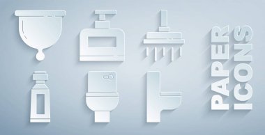 Klozet, duş başlığı, diş macunu tüpü şişe şampuanı ve regl kupası ikonu. Vektör