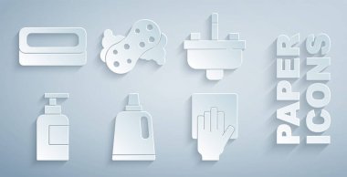 Temizlik malzemesi için şişe, çeşmeli lavabo, şampuan, temizlik servisi, sünger ve sabun ikonu. Vektör