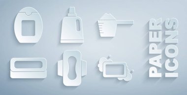 Hijyenik peçete, çamaşır tozu, bir kalıp sabun temizlik malzemesi ve şampuan ikonu. Vektör