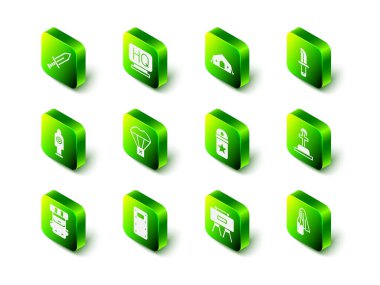 Askeri karargah, tıbbi çadır, bıçak, asker mezarı, Kokteyl molotof, Chevron, mayın ve saldırı kalkanı ikonu. Vektör