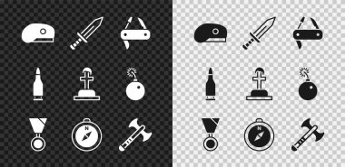 Asker beresi, kılıç, İsviçre çakısı, ödül madalyası, pusula, savaş baltası, kurşun ve asker mezar ikonu. Vektör