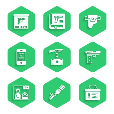 Satın alma tüfeği, tanksavar el bombası, askeri mühimmat kutusu, tabanca ya da silah, reklam silahı, mobil uygulama, silah kılıfı ve ikon. Vektör