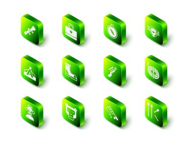 İlk yardım çantasını, pusulayı, geyik boynuzlarını kalkana dağcı ipini, kibritleri, dürbünlü keskin nişancı tüfeğini, oltayı ve maymun simgesini hazırla. Vektör