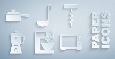 Elektrik mikseri, şarap tirbuşonu, blender, mikrodalga fırın, mutfak kepçesi ve tava ikonu ayarla. Vektör