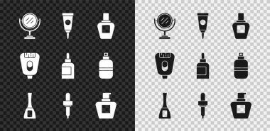 Yuvarlak makyaj aynası, krem losyon kozmetik tüp, parfüm, tırnak cilası şişesi, Pipette, Epilatör ve ikon. Vektör